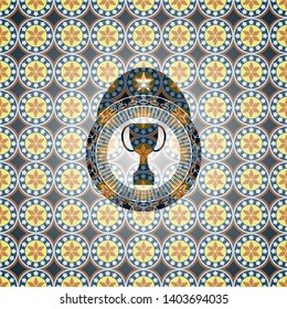 trophy icon inside arabesque style emblem. arabic decoration.
