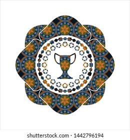 trophy icon inside arabesque style badge. arabic decoration.