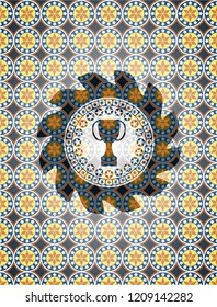 trophy icon inside arabic badge background. Arabesque decoration.