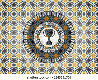 trophy icon inside arabic badge. Arabesque decoration.