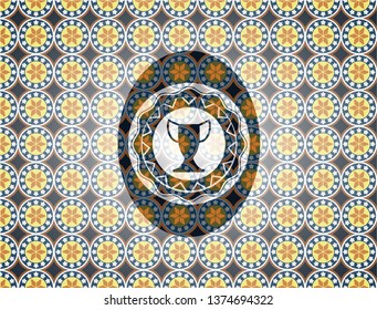 trophy icon inside arabic badge. Arabesque decoration.
