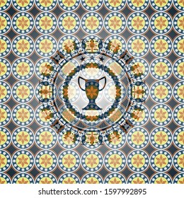 trophy icon inside arabic badge. Arabesque decoration.