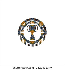 trophy icon inside arabic badge. Arabesque decoration. 