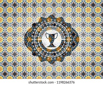 trophy icon inside arabic emblem. Arabesque decoration.
