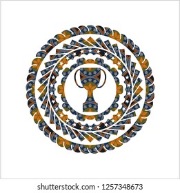 trophy icon inside arabic emblem background. Arabesque decoration.