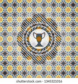 trophy icon inside arabic emblem. Arabesque decoration.