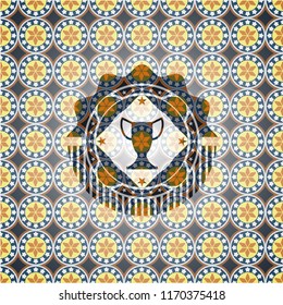 trophy icon inside arabic style badge. Arabesque decoration.