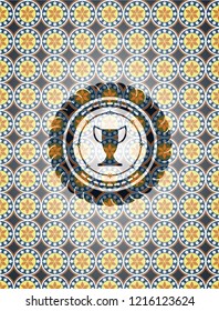 trophy icon inside arabic style badge. Arabesque decoration.