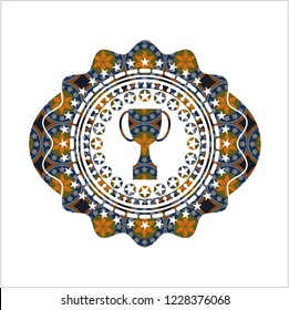 trophy icon inside arabic style emblem. Arabesque decoration.