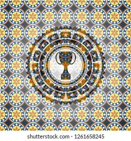 trophy icon inside arabic style emblem. Arabesque decoration.