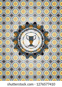 trophy icon inside arabic style badge. Arabesque decoration.