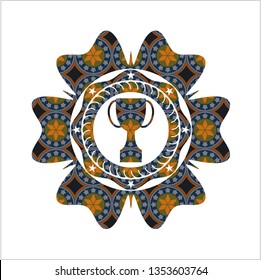 trophy icon inside arabic style emblem. Arabesque decoration.