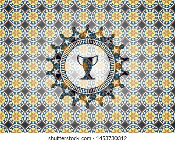 trophy icon inside arabic style emblem. Arabesque decoration.
