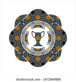 trophy icon inside arabic style badge. Arabesque decoration.