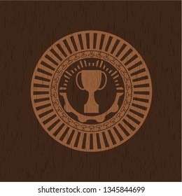 trophy icon inside badge with wood background