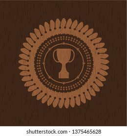 trophy icon inside badge with wooden background