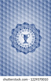 trophy icon inside blue badge with geometric pattern.