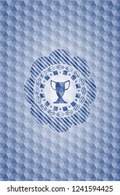 trophy icon inside blue badge with geometric background.