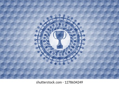 trophy icon inside blue badge with geometric background.