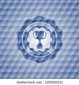 trophy icon inside blue badge with geometric pattern.