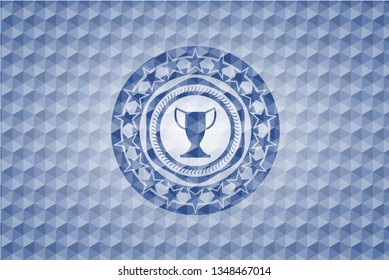 trophy icon inside blue badge with geometric pattern background.