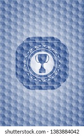 trophy icon inside blue badge with geometric pattern background.