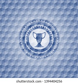 trophy icon inside blue badge with geometric background.