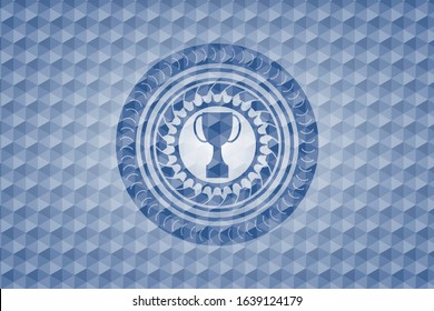 trophy icon inside blue badge with geometric background.