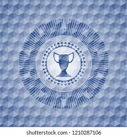 trophy icon inside blue emblem with geometric pattern.