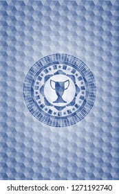 trophy icon inside blue emblem with geometric background.