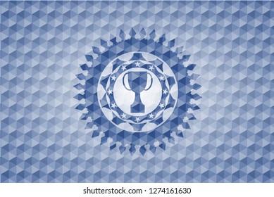 trophy icon inside blue emblem with geometric pattern.