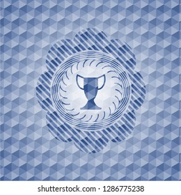 trophy icon inside blue emblem or badge with abstract geometric pattern background.