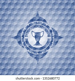 trophy icon inside blue emblem with geometric pattern.