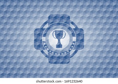 trophy icon inside blue emblem with geometric pattern background.
