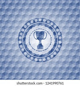 trophy icon inside blue hexagon badge.