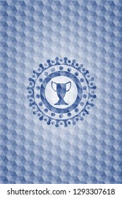 trophy icon inside blue hexagon badge.