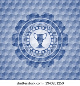 trophy icon inside blue hexagon badge.