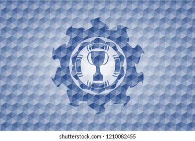 trophy icon inside blue polygonal badge.