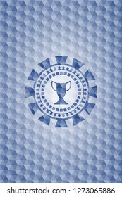trophy icon inside blue polygonal emblem.