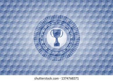 trophy icon inside blue polygonal emblem.