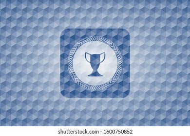 trophy icon inside blue polygonal emblem.