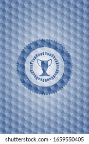 trophy icon inside blue polygonal badge.