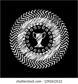 trophy icon inside chalkboard emblem written on a blackboard