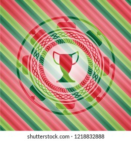 trophy icon inside christmas colors style badge.