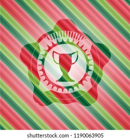 trophy icon inside christmas emblem background.