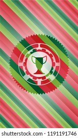 trophy icon inside christmas emblem background.