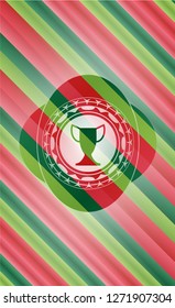 trophy icon inside christmas emblem background.