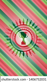 trophy icon inside christmas emblem background.