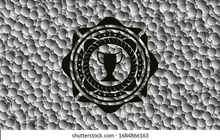 trophy icon inside dark emblem with grey bubbles background. Retro. Vector Illustration. Detailed.