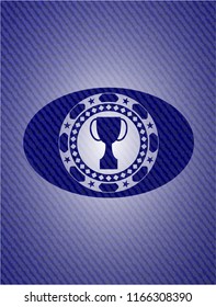 trophy icon inside emblem with denim texture